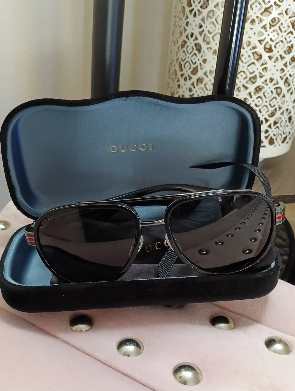 Gucci GG0447S 001 Black Aviator Sunglasses with Green and Red Temple Stripes
